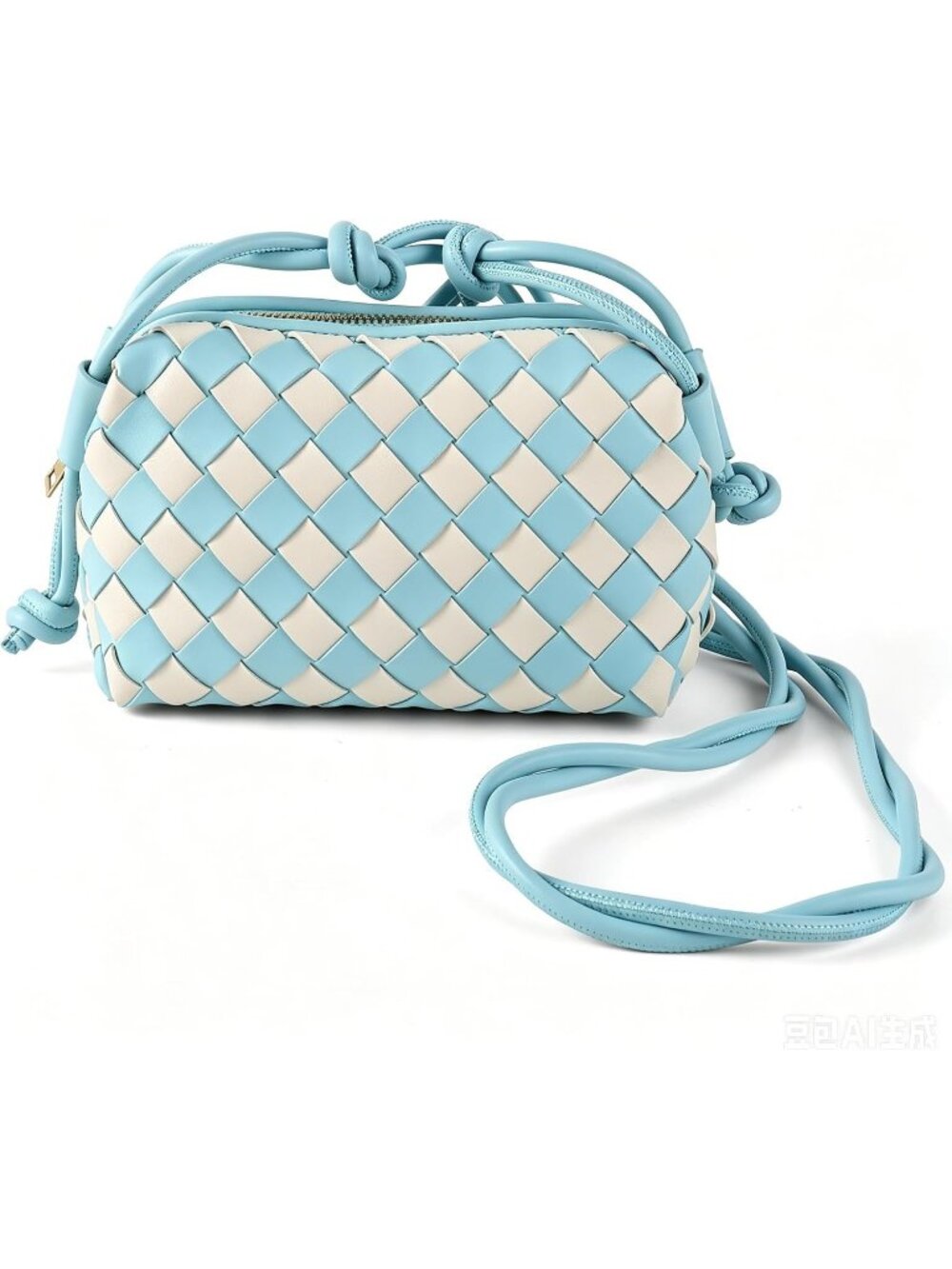 Women's Sky Blue White Woven Leather Adjustable Strap Evening Crossbody Bag